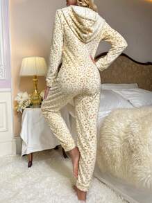 Allover Print Zip Up Hooded Flannel Sleep Jumpsuit - Beige - View 2