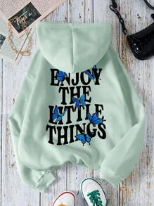 SHEIN EZwear Slogan & Butterfly In hình Kangaroo Túi dây rút có lót nhiệt - màu xanh lá - Xem 1