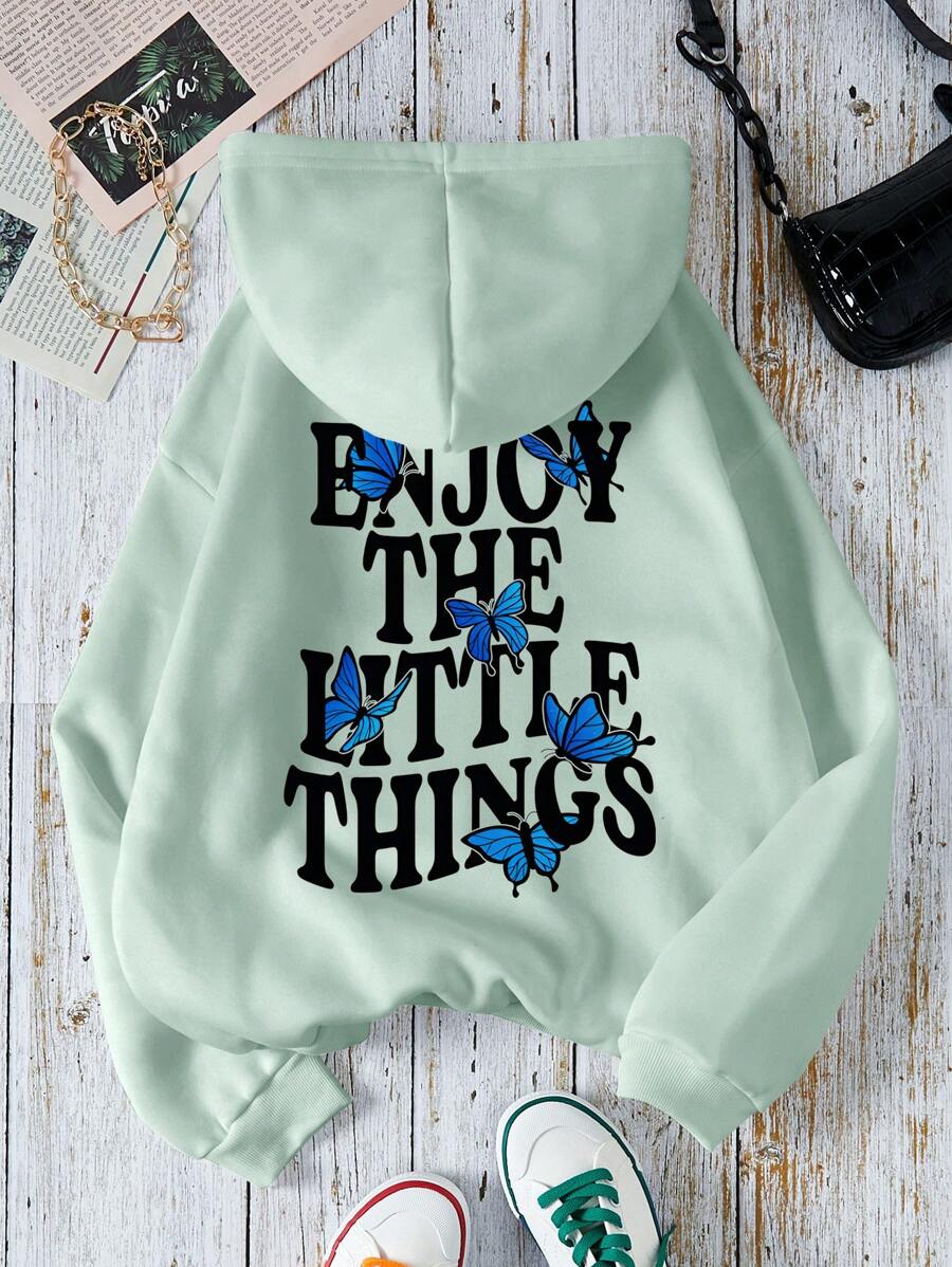 SHEIN EZwear Slogan & Butterfly In hình Kangaroo Túi dây rút có lót nhiệt - màu xanh lá - Xem 1