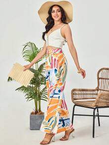 AAmilife Brush Print Wide Leg Pants - White - View 5