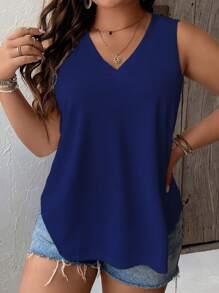 Calvaya Plus Solid V Neck Tank Top - Royal Blue - View 1