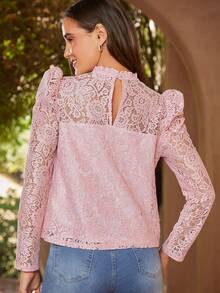 SHEIN Clasi Mock Neck Puff Sleeve Lace Top - Pink - View 2