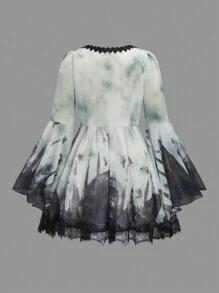 Calvaya 大碼萬聖節鳥印花蕾絲邊喇叭袖雪紡洋裝 - 白色 - 查看 2