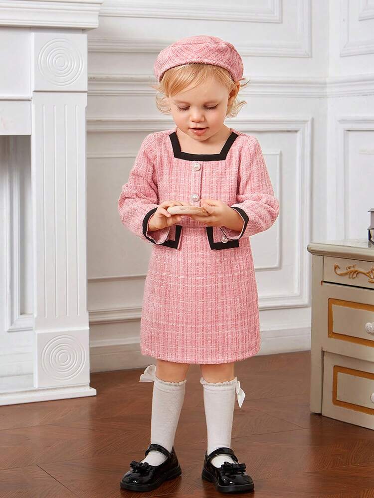 Baby Girl Plaid Print Contrast Trim Dress