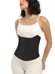 Women's Black Fabric Medium Stretch Casual Comfy Lace Detail Waist Trainer Corset - Black - View 3