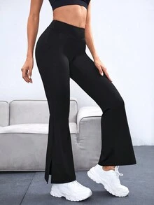SHEIN Daily&Casual Split Hem Flare Leg Sports Pants With Phone Pocket - Black - View 4