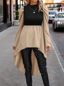 SHEIN Clasi Top 2 en 1 de dos tonos de manga farol bajo irregular - Caqui - Ver 4