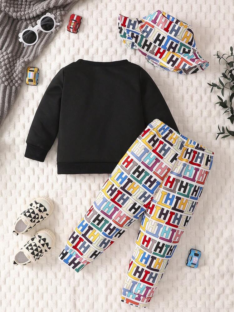 Baby Girl Letter Pattern Sweatshirt & Pants & Hat