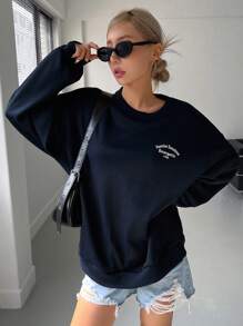 DAZY Đồ họa Chữ cái Thả vai Lót nhiệt Áo chui đầu Oversized - Màu xanh hải quân - Xem 4