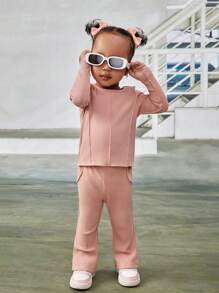 SHEIN Baby Girl Solid Tee & Flare Leg Pants - Pink - View 4