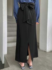 FRIFUL Solid Split Hem Belted Straight Skirt - Black - View 4