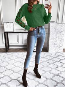 SHEIN LUNE Cut Out Raglan Sleeve Sweater - Green - View 7