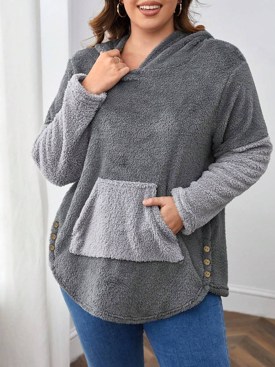 SHEIN LUNE Áo nỉ flannel cỡ lớn có túi kangaroo - Nhiều màu - Xem 1