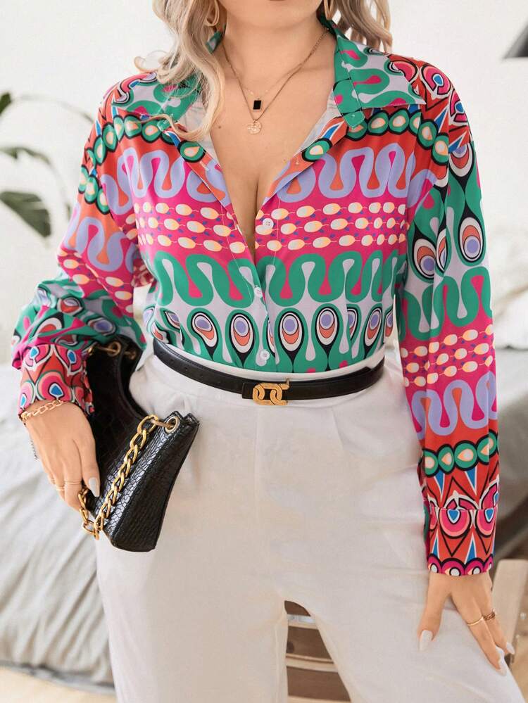 Plus Geo Print Drop Shoulder Shirt Fall Cloth For Women