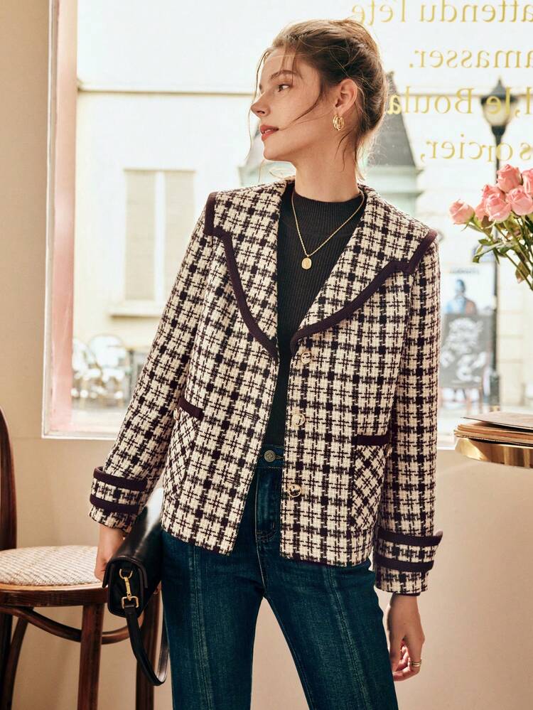 Plaid Pattern Contrast Binding Coat