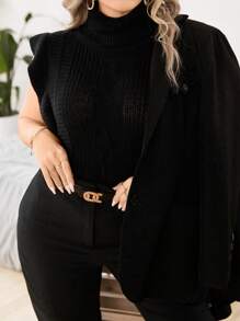 SHEIN Unity Plus Turtleneck Ruffle Trim Knit Top - Black - View 4