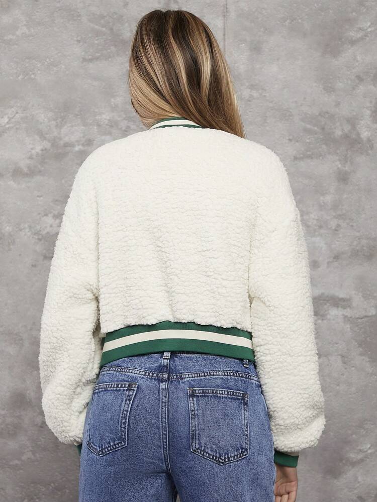 Teen Girl Letter Patched Striped Trim Drop Shoulder Teddy Bomber Jacket