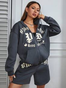 SHEIN Unity 字母圖案拉鏈開襟落肩袖抽繩連帽衫和短褲 - 灰色 - 查看 6