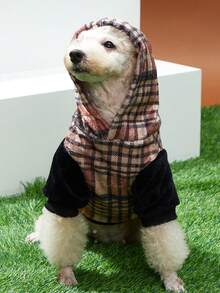 Pamile Pet Flannel Plaid Hooded Sweatshirt With Color-blocking - Multicolor - View 2