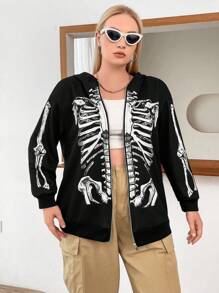 SHEIN ICON Áo nỉ tay dài có khóa kéo in hình bộ xương Halloween cỡ lớn, vai rớt - màu đen - Xem 4