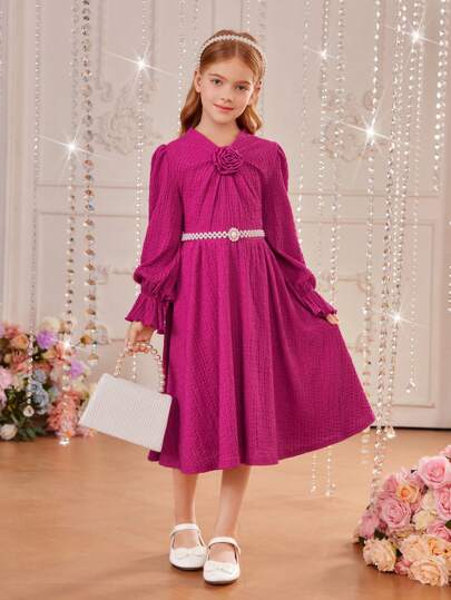 SHEIN Tween Girl 3d Rose Front Flare Sleeve Dress Without Belt