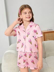 SHEIN 女大童冰淇淋印花西裝領睡衣套裝 - 淺粉色 - 查看 1