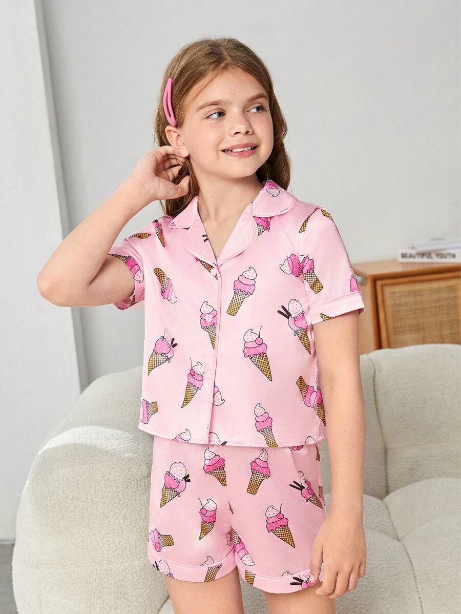 SHEIN 女大童冰淇淋印花西裝領睡衣套裝 - 淺粉色 - 查看 1