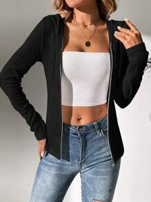 SHEIN Tall 拉鏈開襟連帽夾克 - 黑色 - 查看 4