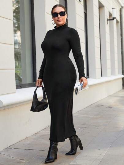 SHEIN Cottnline فستان ضيق موحدة اللون وقوف الياقة مقاس كبير