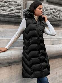 EURMUSE Slant Pockets Fuzzy Trim Hooded Puffer Vest Coat - Black - View 3