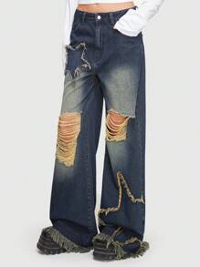 ROMWE Grunge Punk Ripped Wide Leg Jeans, School - Blue - View 1