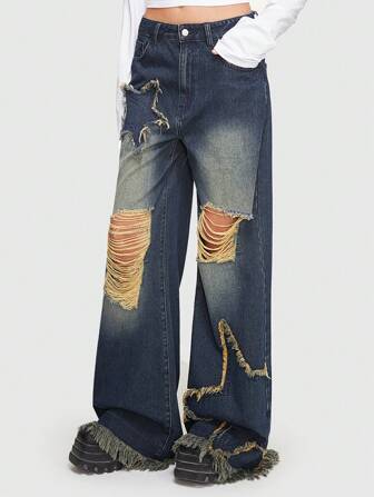 Grunge Punk Jeans de pierna ancha rasgados, escuela