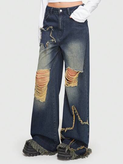 Grunge Punk Zerrissene Jeans mit weitem Bein, Schule