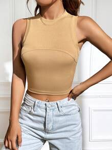 SHEIN Unity Sólido Top Tank Crop Canelado - Caqui - Visão 3