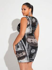 SHEIN SXY Plus Dollar Print Mesh Tank Dress - Multicolor - View 1