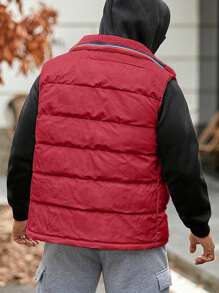 Manfinity Homme Loose Fit Men's Padded Coat With Flag Patched Detail And Zipper Vest - Red - View 7