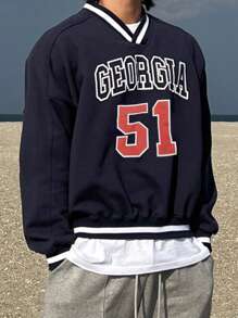 DAZY 男士字母图案条纹V领卫衣，秋季商务装 - 藏蓝色 - 查看 1