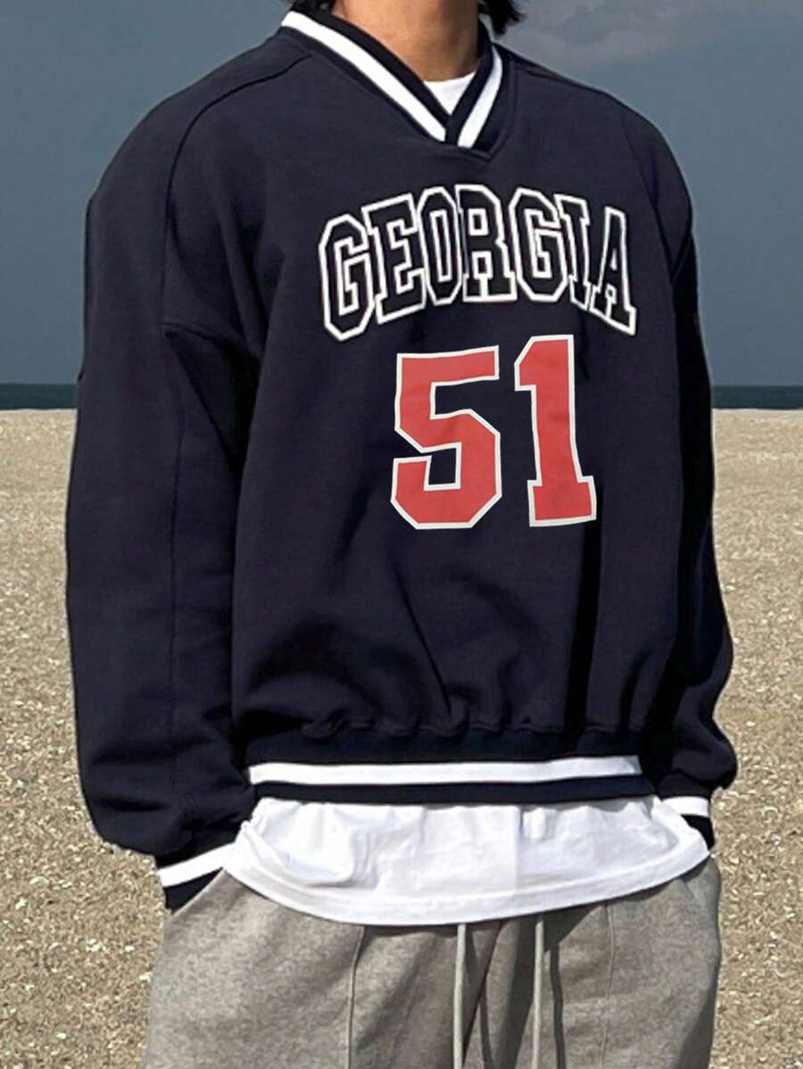 DAZY 男士字母图案条纹V领卫衣，秋季商务装 - 藏蓝色 - 查看 1