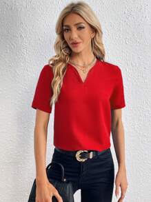 SHEIN Essnce Blusa con cuello abotonado liso, top de manga corta - Rojo - Ver 6