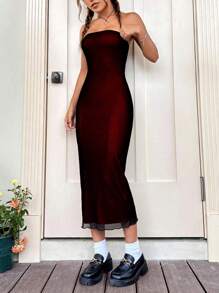 SHEIN EZwear 木耳邊抹胸緊身連衣裙 - 紅色 - 查看 6