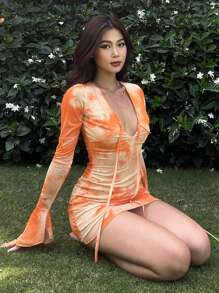 休閒抽繩 褶邊紮染女士連衣裙 - 橘色 - 查看 1