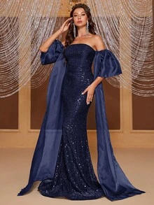 YISIKADO Off Shoulder Contrast Sequin Formal Dress - Navy Blue - View 6