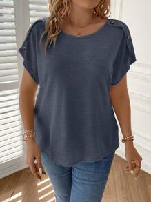 SHEIN Clasi Plus Button Detail Batwing Sleeve Tee - Navy Blue - View 6