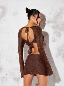 SHEIN BAE Square Neck Flounce Sleeve Crop Top & Bodycon Skirt - Coffee Brown - View 2