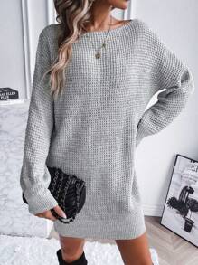 SHEIN LUNE Women Sweater Dresses Rib-Knit Plain Casual - Grey - View 6