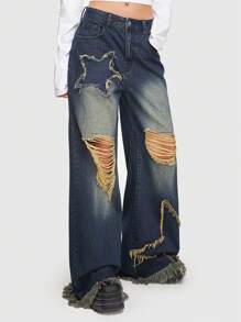 ROMWE Grunge Punk Ripped Wide Leg Jeans, School - Blue - View 5