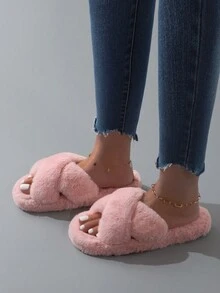 女性長毛絨防滑拖鞋 - 粉色 - 查看 2