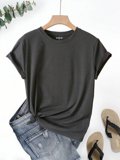 INAWLY Solid Round Neck Tee