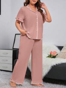 加大对比色绑带纽扣前睡衣套装/睡衣套装女士睡衣套装女士睡衣曲线睡衣 - 藕粉色 - 查看 5