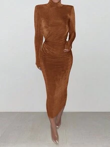 Robe Moulante À Col Montant À Ruché - Tabac - Voir 1